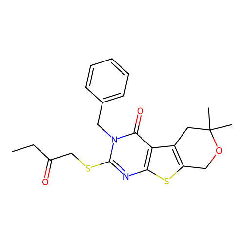 3-benzyl-6,6-dimethyl-2-((2-oxobutyl)thio)-5,6-dihydro-3H-pyrano[4',3':4,5]thieno[2,3-d]pyrimidin-4(8H)-one structure