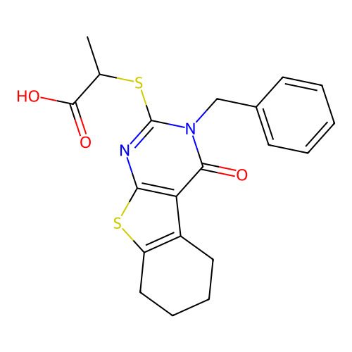 2-[(3-benzyl-4-oxo-3,4,5,6,7,8-hexahydro[1]benzothieno[2,3-d]pyrimidin-2-yl)sulfanyl]propanoic acid structure