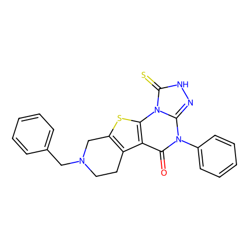 8-benzyl-4-phenyl-1-sulfanyl-6,7,8,9-tetrahydropyrido[4',3':4,5]thieno[3,2-e][1,2,4]triazolo[4,3-a]pyrimidin-5(4H)-one structure