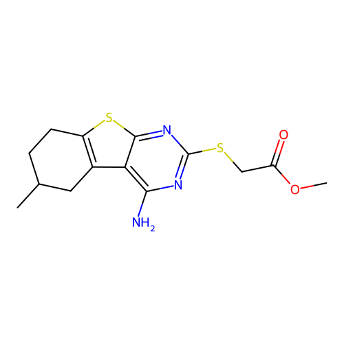 methyl [(4-amino-6-methyl-5,6,7,8-tetrahydro[1]benzothieno[2,3-d]pyrimidin-2-yl)sulfanyl]acetate structure