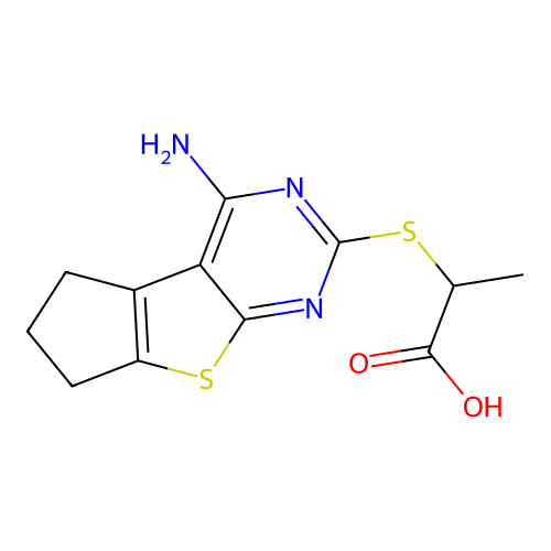 2-((4-amino-6,7-dihydro-5H-cyclopenta[4,5]thieno[2,3-d]pyrimidin-2-yl)thio)propanoic acid structure