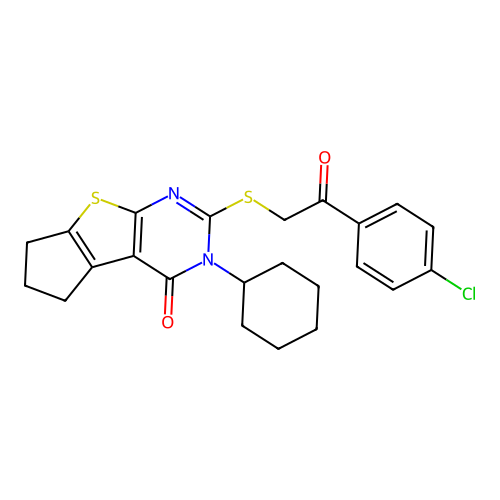 2-{[2-(4-chlorophenyl)-2-oxoethyl]sulfanyl}-3-cyclohexyl-3,5,6,7-tetrahydro-4H-cyclopenta[4,5]thieno[2,3-d]pyrimidin-4-one structure