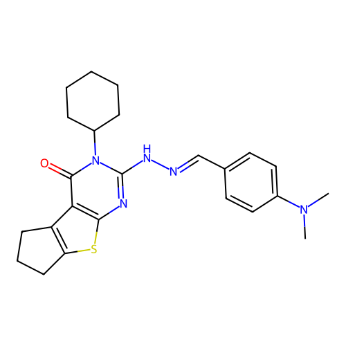 3-cyclohexyl-2-(2-(4-(dimethylamino)benzylidene)hydrazinyl)-6,7-dihydro-3H-cyclopenta[4,5]thieno[2,3-d]pyrimidin-4(5H)-one structure
