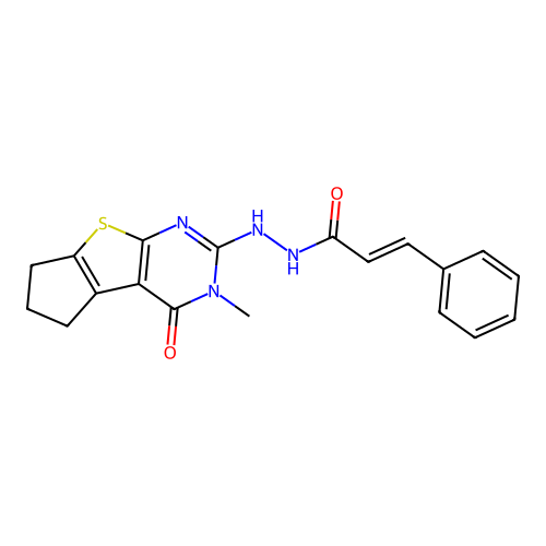 (2E)-N'-(3-methyl-4-oxo-3,5,6,7-tetrahydro-4H-cyclopenta[4,5]thieno[2,3-d]pyrimidin-2-yl)-3-phenylprop-2-enehydrazide structure