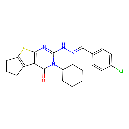 2-[(2E)-2-(4-chlorobenzylidene)hydrazinyl]-3-cyclohexyl-3,5,6,7-tetrahydro-4H-cyclopenta[4,5]thieno[2,3-d]pyrimidin-4-one structure