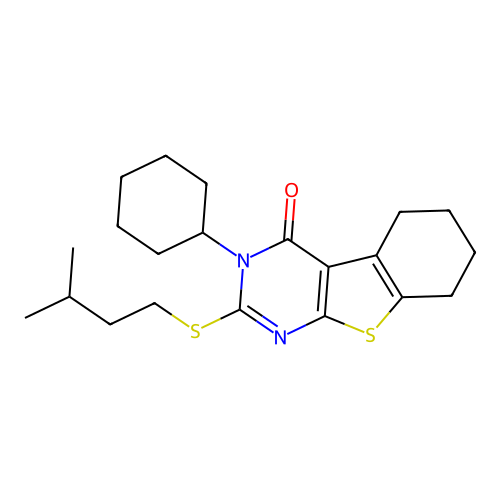 3-cyclohexyl-2-(isopentylthio)-5,6,7,8-tetrahydrobenzo[4,5]thieno[2,3-d]pyrimidin-4(3H)-one structure