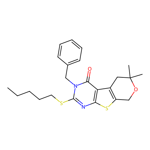 3-benzyl-6,6-dimethyl-2-(pentylsulfanyl)-3,5,6,8-tetrahydro-4H-pyrano[4',3':4,5]thieno[2,3-d]pyrimidin-4-one structure