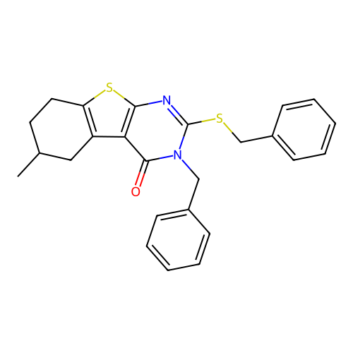 3-benzyl-2-(benzylsulfanyl)-6-methyl-5,6,7,8-tetrahydro[1]benzothieno[2,3-d]pyrimidin-4(3H)-one structure