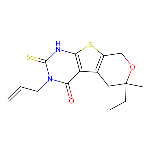 3-allyl-6-ethyl-6-methyl-2-thioxo-2,3,5,6-tetrahydro-1H-pyrano[4',3':4,5]thieno[2,3-d]pyrimidin-4(8H)-one structure