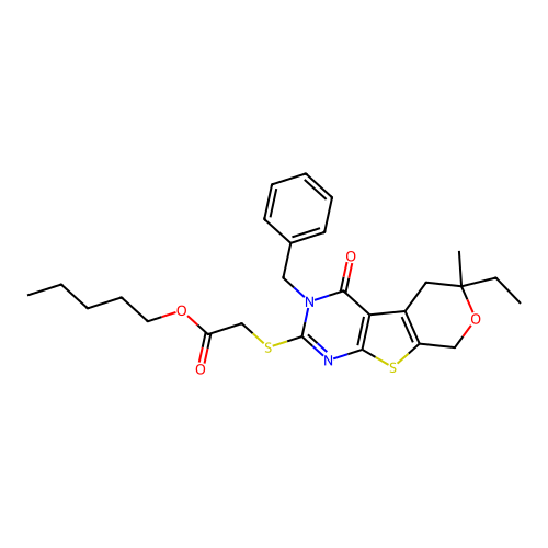 pentyl [(3-benzyl-6-ethyl-6-methyl-4-oxo-3,5,6,8-tetrahydro-4H-pyrano[4',3':4,5]thieno[2,3-d]pyrimidin-2-yl)sulfanyl]acetate structure