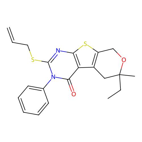 2-(allylthio)-6-ethyl-6-methyl-3-phenyl-5,6-dihydro-3H-pyrano[4',3':4,5]thieno[2,3-d]pyrimidin-4(8H)-one structure