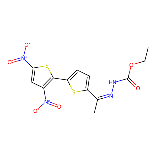 (Z)-ethyl 2-(1-(3',5'-dinitro-[2,2'-bithiophen]-5-yl)ethylidene)hydrazinecarboxylate structure