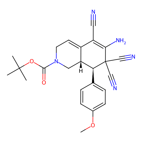 (8R,8aS)-tert-butyl 6-amino-5,7,7-tricyano-8-(4-methoxyphenyl)-1,7,8,8a-tetrahydroisoquinoline-2(3H)-carboxylate structure