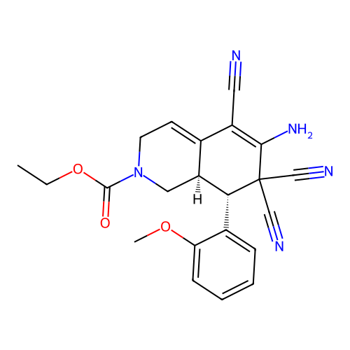 (8R,8aR)-ethyl 6-amino-5,7,7-tricyano-8-(2-methoxyphenyl)-1,7,8,8a-tetrahydroisoquinoline-2(3H)-carboxylate structure