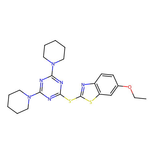 2-((4,6-di(piperidin-1-yl)-1,3,5-triazin-2-yl)thio)-6-ethoxybenzo[d]thiazole structure