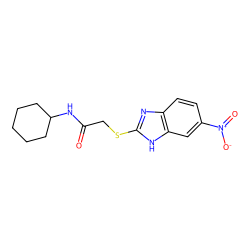 N-cyclohexyl-2-[(5-nitro-1H-benzimidazol-2-yl)thio]acetamide structure
