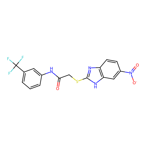 2-[(6-nitro-1H-benzimidazol-2-yl)sulfanyl]-N-[3-(trifluoromethyl)phenyl]acetamide structure