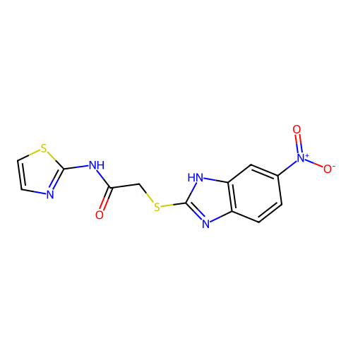 2-[(5-nitro-1H-benzimidazol-2-yl)sulfanyl]-N-(1,3-thiazol-2-yl)acetamide structure
