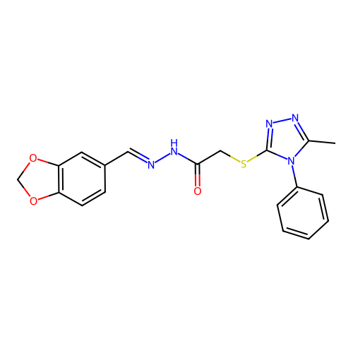 N-[(E)-1,3-benzodioxol-5-ylmethylideneamino]-2-[(5-methyl-4-phenyl-1,2,4-triazol-3-yl)sulfanyl]acetamide structure
