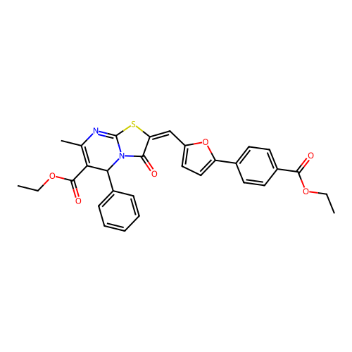(E)-ethyl 2-((5-(4-(ethoxycarbonyl)phenyl)furan-2-yl)methylene)-7-methyl-3-oxo-5-phenyl-3,5-dihydro-2H-thiazolo[3,2-a]pyrimidine-6-carboxylate structure