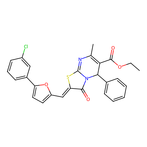 ethyl (2Z)-2-{[5-(3-chlorophenyl)furan-2-yl]methylidene}-7-methyl-3-oxo-5-phenyl-2,3-dihydro-5H-[1,3]thiazolo[3,2-a]pyrimidine-6-carboxylate structure