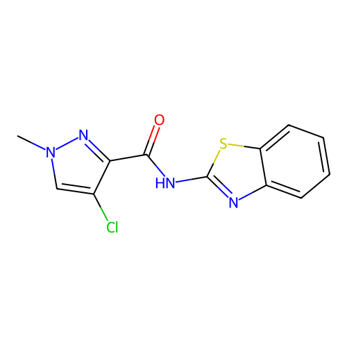 N-(1,3-benzothiazol-2-yl)-4-chloro-1-methylpyrazole-3-carboxamide structure