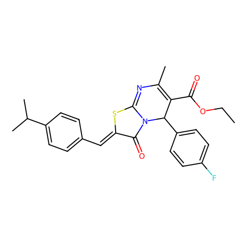 ethyl (2E)-5-(4-fluorophenyl)-7-methyl-3-oxo-2-{[4-(propan-2-yl)phenyl]methylidene}-2H,3H,5H-[1,3]thiazolo[3,2-a]pyrimidine-6-carboxylate structure