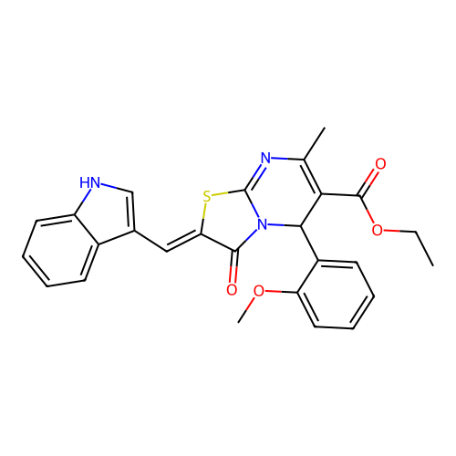 (Z)-ethyl 2-((1H-indol-3-yl)methylene)-5-(2-methoxyphenyl)-7-methyl-3-oxo-3,5-dihydro-2H-thiazolo[3,2-a]pyrimidine-6-carboxylate structure