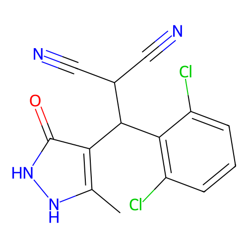 [(2,6-dichlorophenyl)(5-hydroxy-3-methyl-1H-pyrazol-4-yl)methyl]propanedinitrile structure