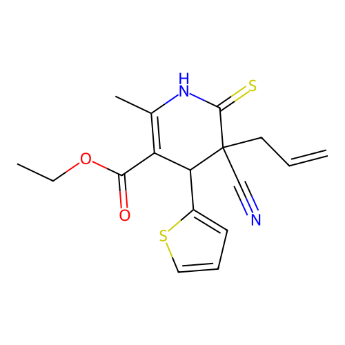 ethyl 5-allyl-5-cyano-2-methyl-4-(2-thienyl)-6-thioxo-1,4,5,6-tetrahydro-3-pyridinecarboxylate structure