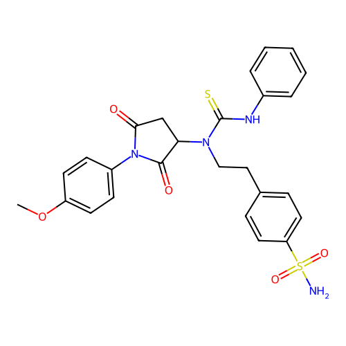 1-[1-(4-methoxyphenyl)-2,5-dioxo-pyrrolidin-3-yl]-3-phenyl-1-[2-(4-sulfamoylphenyl)ethyl]thiourea structure