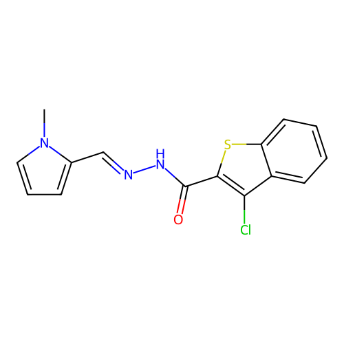 3-chloro-N-[(E)-(1-methylpyrrol-2-yl)methylideneamino]-1-benzothiophene-2-carboxamide structure
