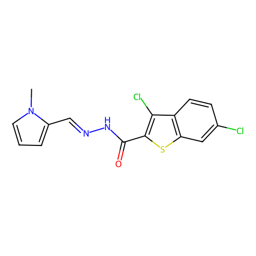 3,6-dichloro-N-[(E)-(1-methylpyrrol-2-yl)methylideneamino]-1-benzothiophene-2-carboxamide structure