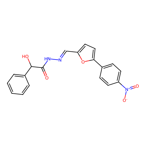 2-hydroxy-N-[[5-(4-nitrophenyl)-2-furanyl]methylideneamino]-2-phenylacetamide structure