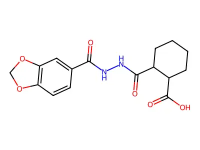 2-{[2-(1,3-benzodioxol-5-ylcarbonyl)hydrazino]carbonyl}cyclohexanecarboxylic acid structure
