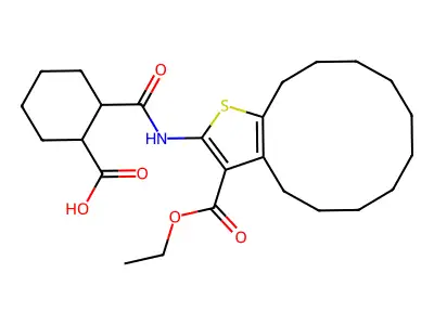 2-{[3-(ethoxycarbonyl)-4,5,6,7,8,9,10,11,12,13-decahydrocyclododeca[b]thiophen-2-yl]carbamoyl}cyclohexanecarboxylic acid structure