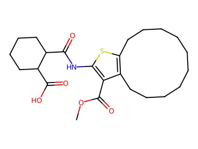 2-{[3-(methoxycarbonyl)-4,5,6,7,8,9,10,11,12,13-decahydrocyclododeca[b]thiophen-2-yl]carbamoyl}cyclohexanecarboxylic acid structure
