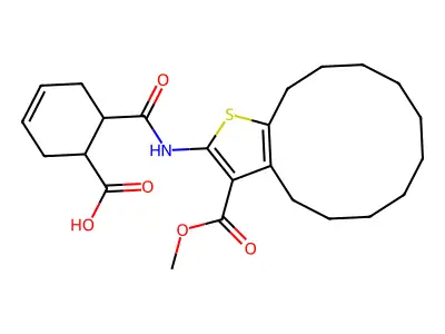 6-{[3-(methoxycarbonyl)-4,5,6,7,8,9,10,11,12,13-decahydrocyclododeca[b]thiophen-2-yl]carbamoyl}cyclohex-3-ene-1-carboxylic acid structure