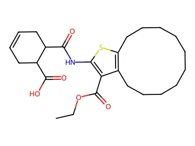 6-{[3-(ethoxycarbonyl)-4,5,6,7,8,9,10,11,12,13-decahydrocyclododeca[b]thiophen-2-yl]carbamoyl}cyclohex-3-ene-1-carboxylic acid structure
