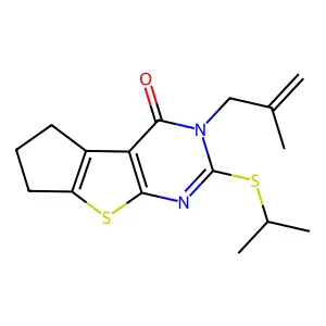 2-(2-methylprop-2-enyl)-3-propan-2-ylsulfanyl-7,8-dihydro-6H-cyclopenta[2,3]thieno[2,4-b]pyrimidin-1-one structure