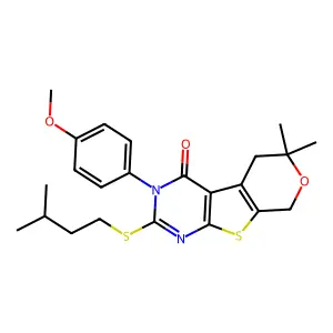 3-(4-methoxyphenyl)-6,6-dimethyl-2-[(3-methylbutyl)sulfanyl]-3,5,6,8-tetrahydro-4H-pyrano[4',3':4,5]thieno[2,3-d]pyrimidin-4-one structure