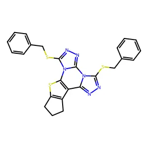 3,7-bis(benzylthio)-11,12-dihydro-10H-cyclopenta[4,5]thieno[3,2-e]bis([1,2,4]triazolo)[4,3-a:4',3'-c]pyrimidine structure