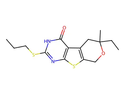 6-ethyl-6-methyl-2-(propylsulfanyl)-3,5,6,8-tetrahydro-4H-pyrano[4',3':4,5]thieno[2,3-d]pyrimidin-4-one structure