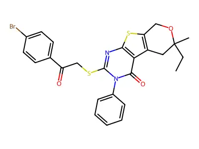 2-{[2-(4-bromophenyl)-2-oxoethyl]sulfanyl}-6-ethyl-6-methyl-3-phenyl-3,5,6,8-tetrahydro-4H-pyrano[4',3':4,5]thieno[2,3-d]pyrimidin-4-one structure