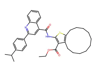 ethyl 2-({[2-(4-isopropylphenyl)-4-quinolinyl]carbonyl}amino)-4,5,6,7,8,9,10,11,12,13-decahydrocyclododeca[b]thiophene-3-carboxylate structure