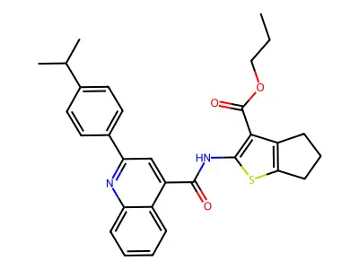 propyl 2-[({2-[4-(propan-2-yl)phenyl]quinolin-4-yl}carbonyl)amino]-5,6-dihydro-4H-cyclopenta[b]thiophene-3-carboxylate structure