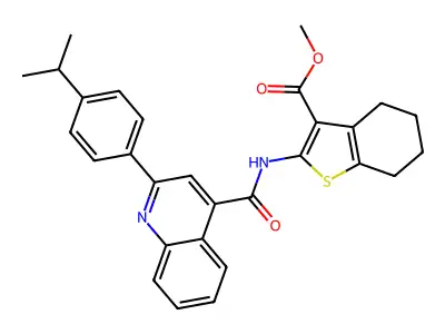 methyl 2-[({2-[4-(propan-2-yl)phenyl]quinolin-4-yl}carbonyl)amino]-4,5,6,7-tetrahydro-1-benzothiophene-3-carboxylate structure