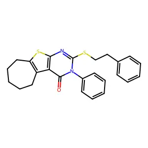 3-phenyl-2-[(2-phenylethyl)sulfanyl]-3,5,6,7,8,9-hexahydro-4H-cyclohepta[4,5]thieno[2,3-d]pyrimidin-4-one structure