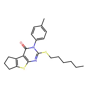 2-(hexylsulfanyl)-3-(4-methylphenyl)-3,5,6,7-tetrahydro-4H-cyclopenta[4,5]thieno[2,3-d]pyrimidin-4-one structure
