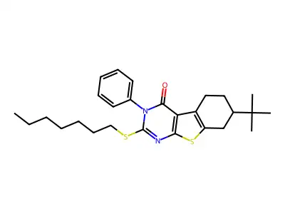 7-tert-butyl-2-(heptylsulfanyl)-3-phenyl-5,6,7,8-tetrahydro[1]benzothieno[2,3-d]pyrimidin-4(3H)-one structure